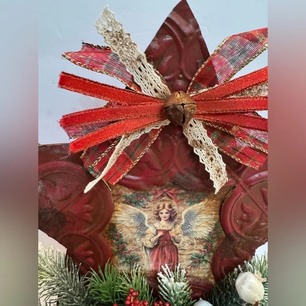 New OOAK Primitive Country Red Star Christmas Angel Arrangement Holiday Decor